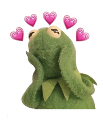 kermit the frog holding his face with heart emojis around his head